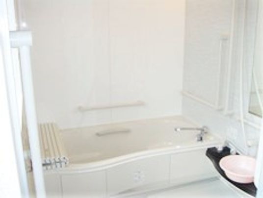 家庭用サイズの小さな浴室に手すりが取り付けてある様子。よくあるタイプのユニットバス