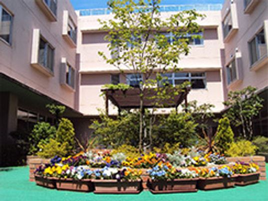 季節の花や木も植えられている中庭。建物に囲まれている。