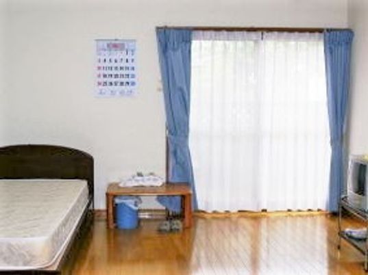 大きめのワンルームタイプの部屋の様子。左側にベッド、右側にテレビが置いてある様子