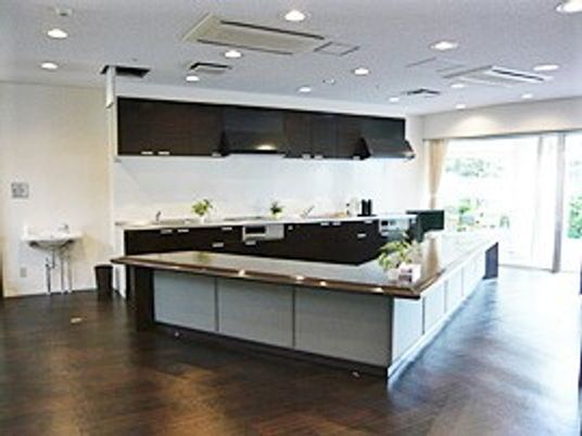 モノトーンの本格的なキッチンが付いた共有スペース。カウンタースペースもある。