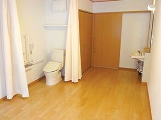 カーテンで開け閉めするタイプのトイレが設置されたフローリングの部屋には車いす対応の洗面所もある。