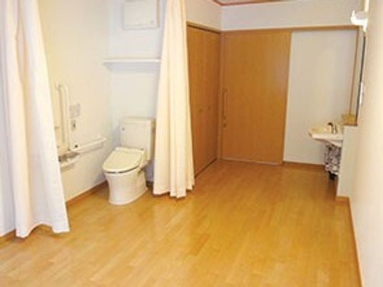 カーテンで開け閉めするタイプのトイレが設置されたフローリングの部屋には車いす対応の洗面所もある。