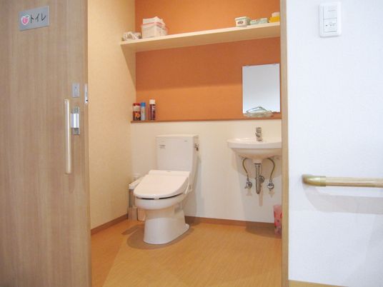 広めのスペースにトイレと洗面台が設置されている様子