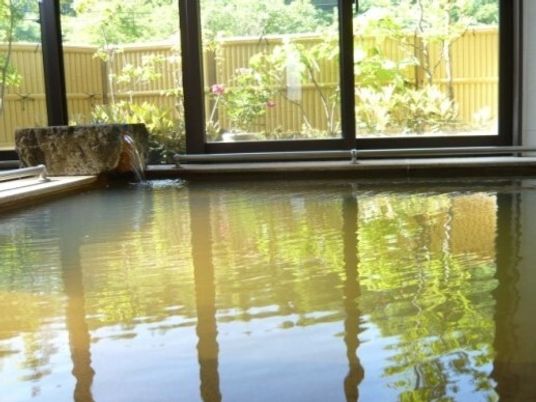 たっぷりとお湯が張られた大浴場の大きな浴槽。窓の外には日本庭園が広がっている。