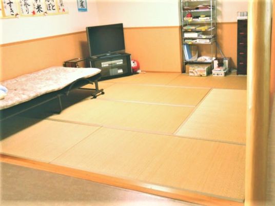 畳が敷いてある和室の部屋の様子。テレビとベッド、物入れの棚が置いてある部屋