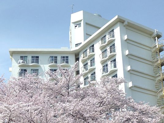 サクラの花が手前に割いている施設の外観写真。鉄骨造の背の高い建物