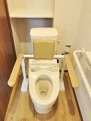 立ち上がり用と移動用の手すりが取り付けてある家庭サイズのトイレ。居室内の小さなタイプ