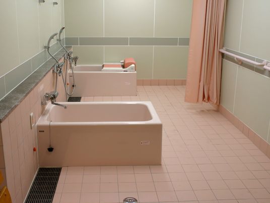 二つの浴槽が設置された浴室。シャワーや手すりなども設置されている。