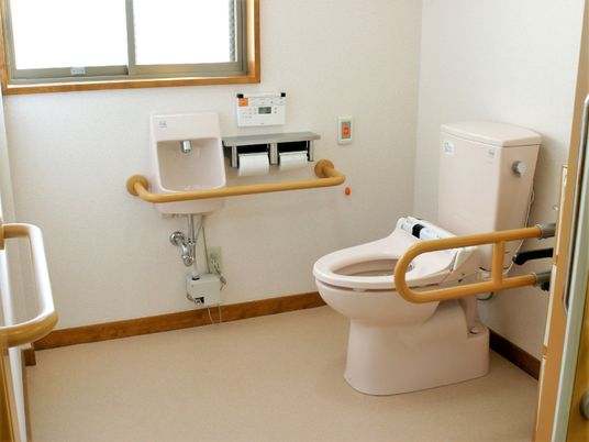 手すりや呼び出しボタンが設置されたトイレは介助できるスペースも広い。