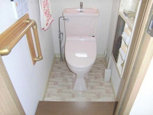 ピンク色のトイレはシンプルなデザイン。少し出入り口に段差があるが、手すりが設置されている。