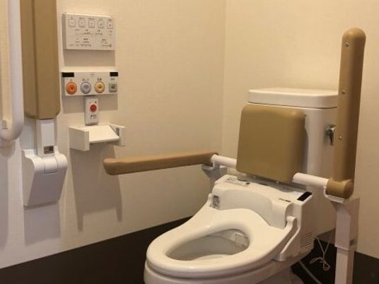 背もたれや手すりが設置されたトイレの壁にはカラフルな操作パネルが付いている。