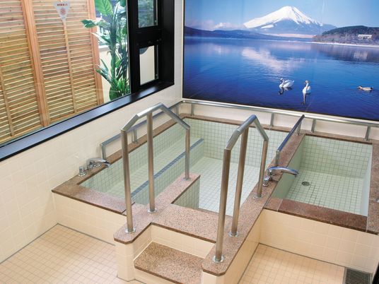 四角い浴槽には手すり付きの階段が付き、壁には富士山の絵がある。