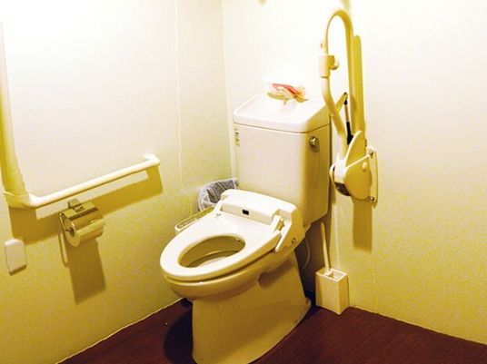 両側に手すりがついている施設内のトイレの様子。車いすのまま入れるトイレ