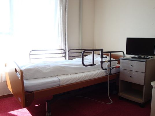 介護ベッドが大きな窓のそばにあり、テレビや小さな収納家具も置かれている。