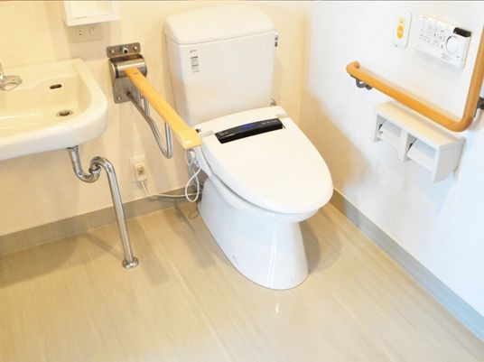 手すりと緊急コールがついた施設内のトイレ。車いすで入れる広さのトイレの様子