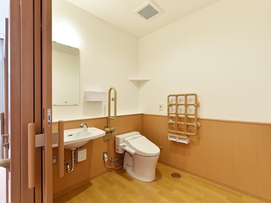 広いトイレには可動式の手すり渡航市場の手すり、呼び出しボタンが設置され、手洗い場もある。