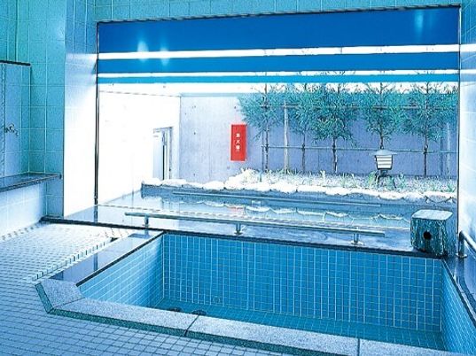 湯が貼られていない深めのプールのような形をした浴槽の様子。