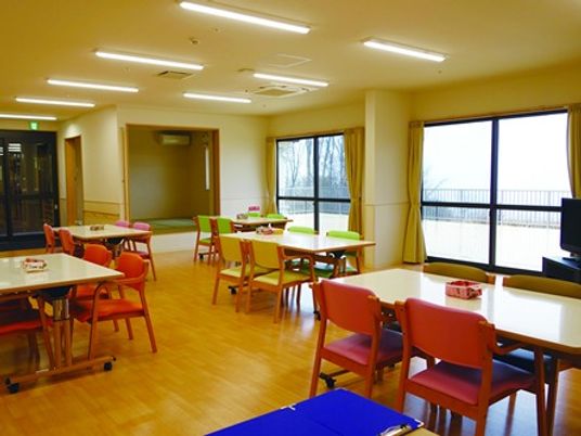 畳の小上りがあるリビング。窓がある広めの一室