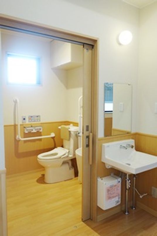 手すりが付いたトイレとすぐそばにある洗面台が写った写真