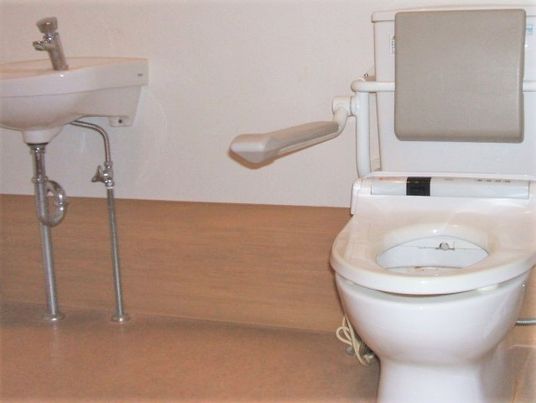 背もたれや手すりが設置されたトイレは手洗い場もある広い造り。