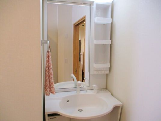 フットレスタイプの介護仕様の洗面台。鏡が大きめのタイプ