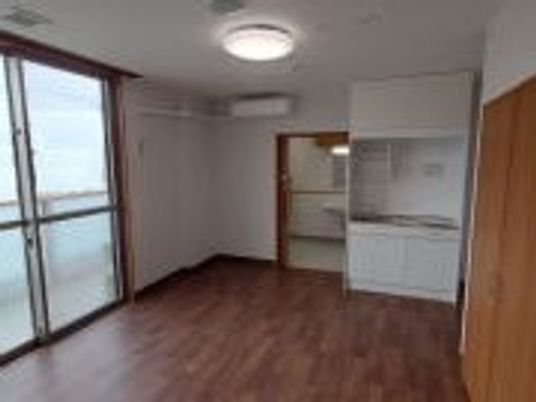 キッチンやトイレ、クローゼットが付いたフローリングの部屋には大きな窓が付いている。