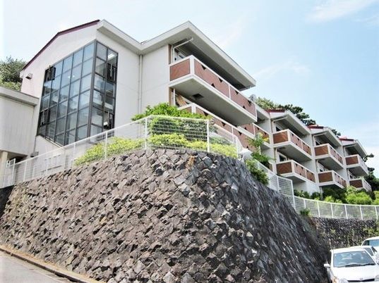 鉄骨造の大きなマンション風の建物。シャロームケアハウスルツの家の外観