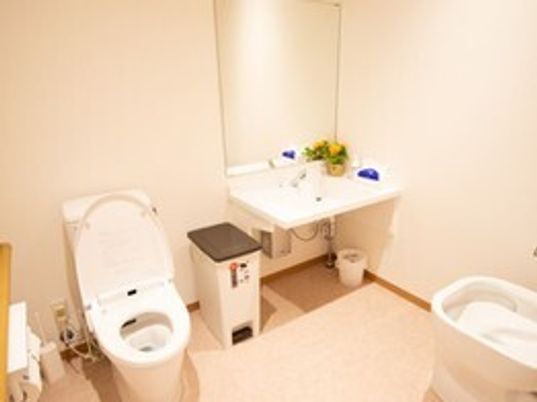 広いトイレには洋室の便座が付いたトイレと車いす対応の洗面所、汚物を流す場所がある。