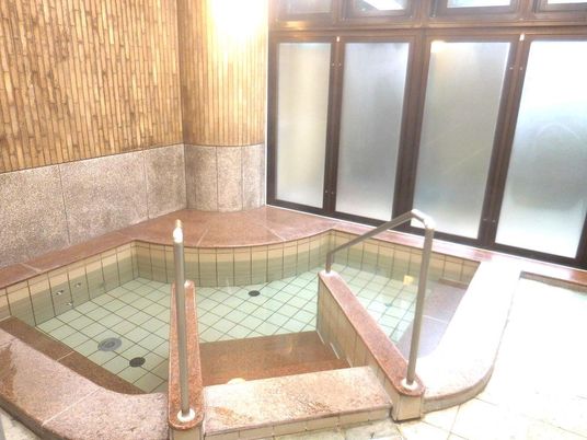 広い浴槽は扇形で、大きな窓はすりガラスとなっている。浴槽の出入り口に階段が設置されている。