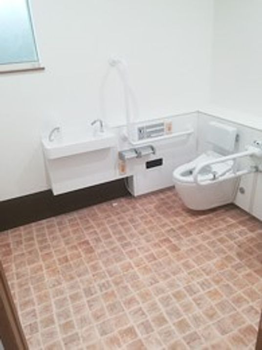 広々としたトイレのフロアはレンガ調で、トイレには手すりや手洗い、呼び出しボタンが付いている。