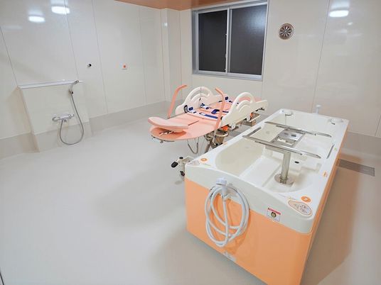 機械浴が設置された浴室には大きな窓が付き明るく、壁にはシャワーも完備されている。