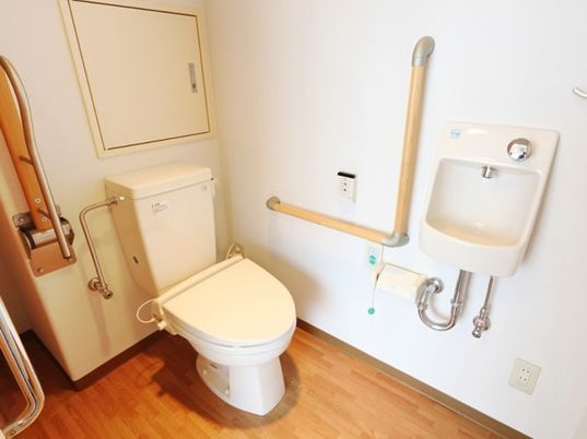 L字型の手すりを取り付けてある施設内のトイレの様子。