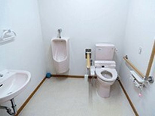 トイレと洗面台が１つになった施設の水回り。男性の用の便器もあるトイレの様子