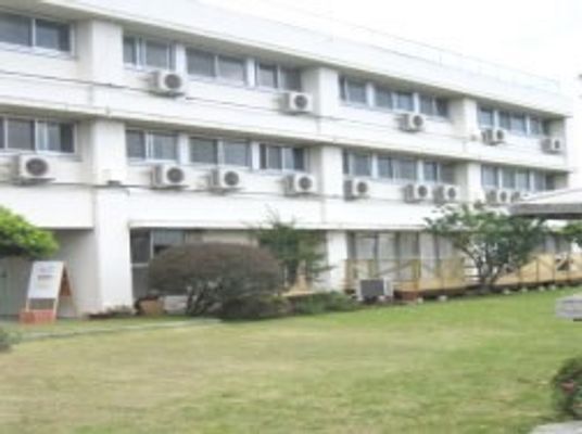 広い中庭に芝生が敷いてある様子。そのほかの植物もある広めの庭と建物