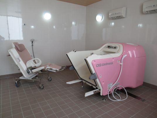 タイルが敷かれた浴室には白とピンクの機械浴があり、壁にはエアコンが設置され、シャワーもある。