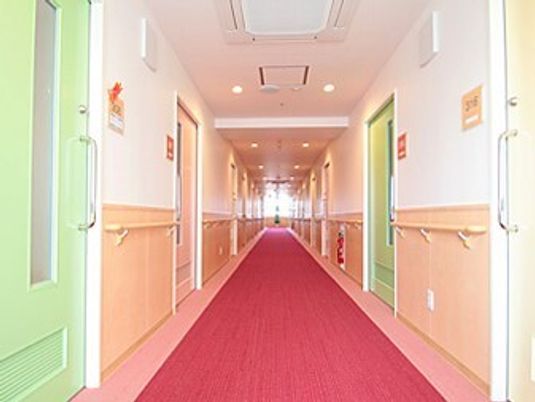 赤いじゅうたんが敷かれている施設内の廊下の様子。手すりがついた廊下