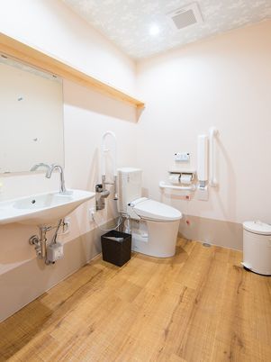 手前に洗面台が付いている広めのトイレの様子。L字型の手すりが壁に取り付けられている様子
