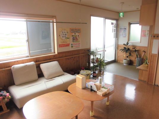 白いソファや木製の丸テーブルが置かれた明るいリビング。観葉植物も置かれている。