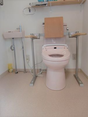 手すりや背もたれが付いたトイレ。手洗い場もある。