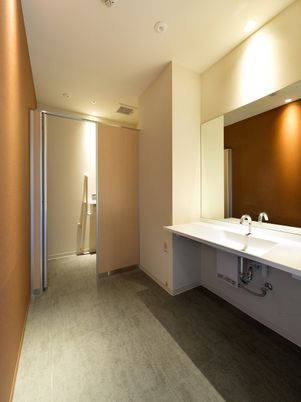 幅の広いフットレスタイプの洗面台。水回り設備を写した写真