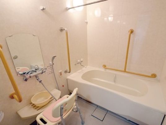 一人用の浴槽が置かれた浴室。手すりやシャワーチェア、シャワーも設置されている。