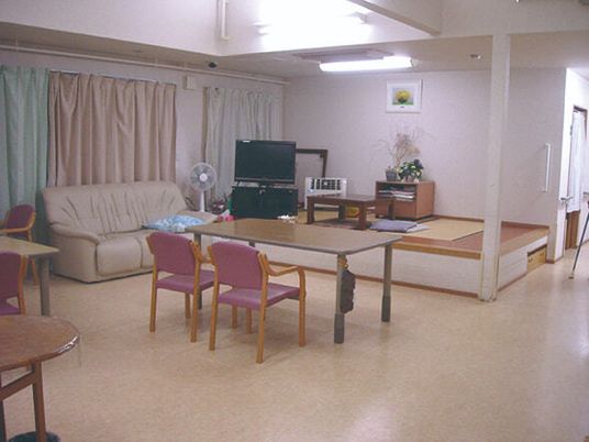 リビングダイニングにはソファやテーブルセットが置かれ、畳の小上がりが設置されている。