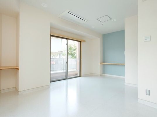 ライトブルーのアクセントクロスが貼られた広い部屋には飾り棚やカーテンの付いていない大きな窓が設置されている。