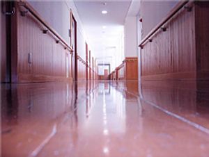 手摺付きのまっすぐな廊下。両サイドに居室のドアもあり、通路には何も置かれていない。