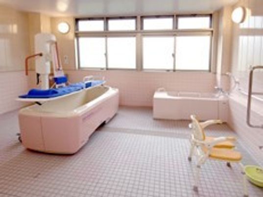 寝たきりの人に合わせた介護浴槽が写っている施設内らしき写真