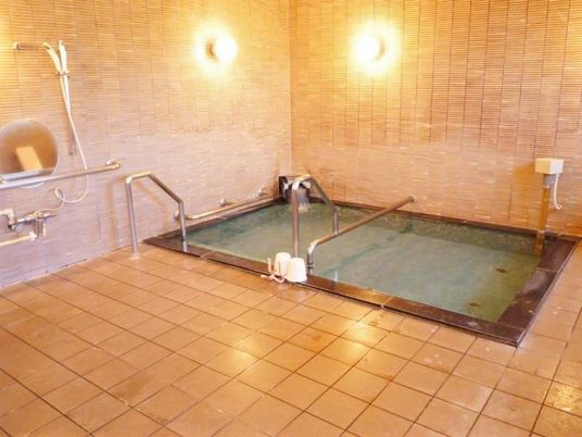 大きな浴槽が設置された浴室には手すりなども設置され、お湯がたっぷりはられている。