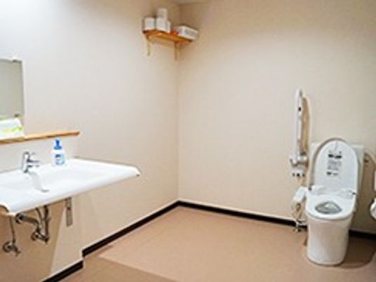 広いトイレには手すり付きのトイレと車いす対応の洗面所がある。