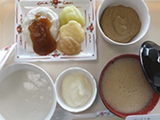 ペースト状にされたご飯と吸い物、おかずおかずは数種類のお皿にそれぞれ盛られている。