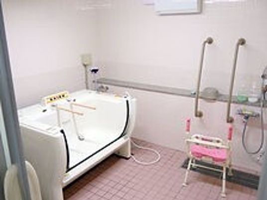 浴槽内につかまる棒が付き、浴槽の壁の一部が上下にスライドするデザインの機械浴。