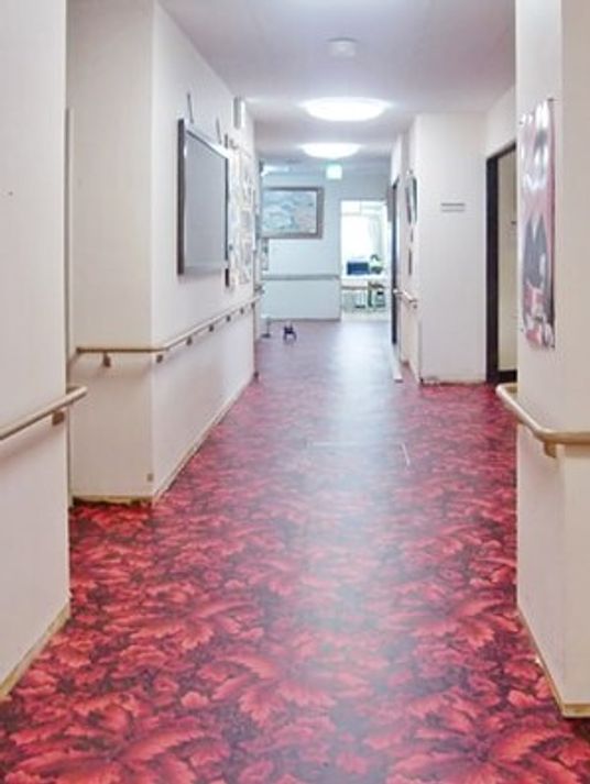 オールバリアフリーの床と手すり付きの壁を写した写真。派手な色合いの廊下